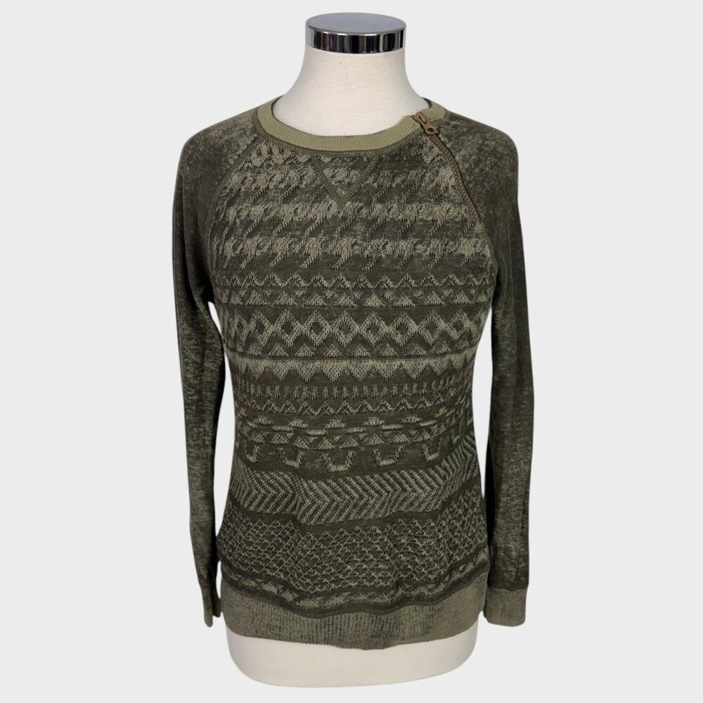 Ruff Hewn PM Sweater Olive-Green Geometric Fair Isle Pattern Shoulder Zipper